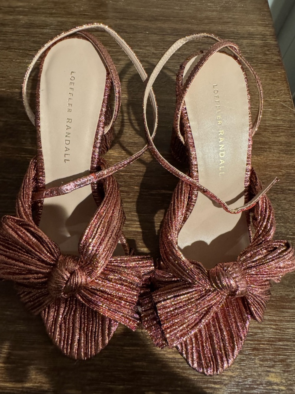 Authentic Loeffler Randall Metallic Rose Knot Ankle-Strap Heels